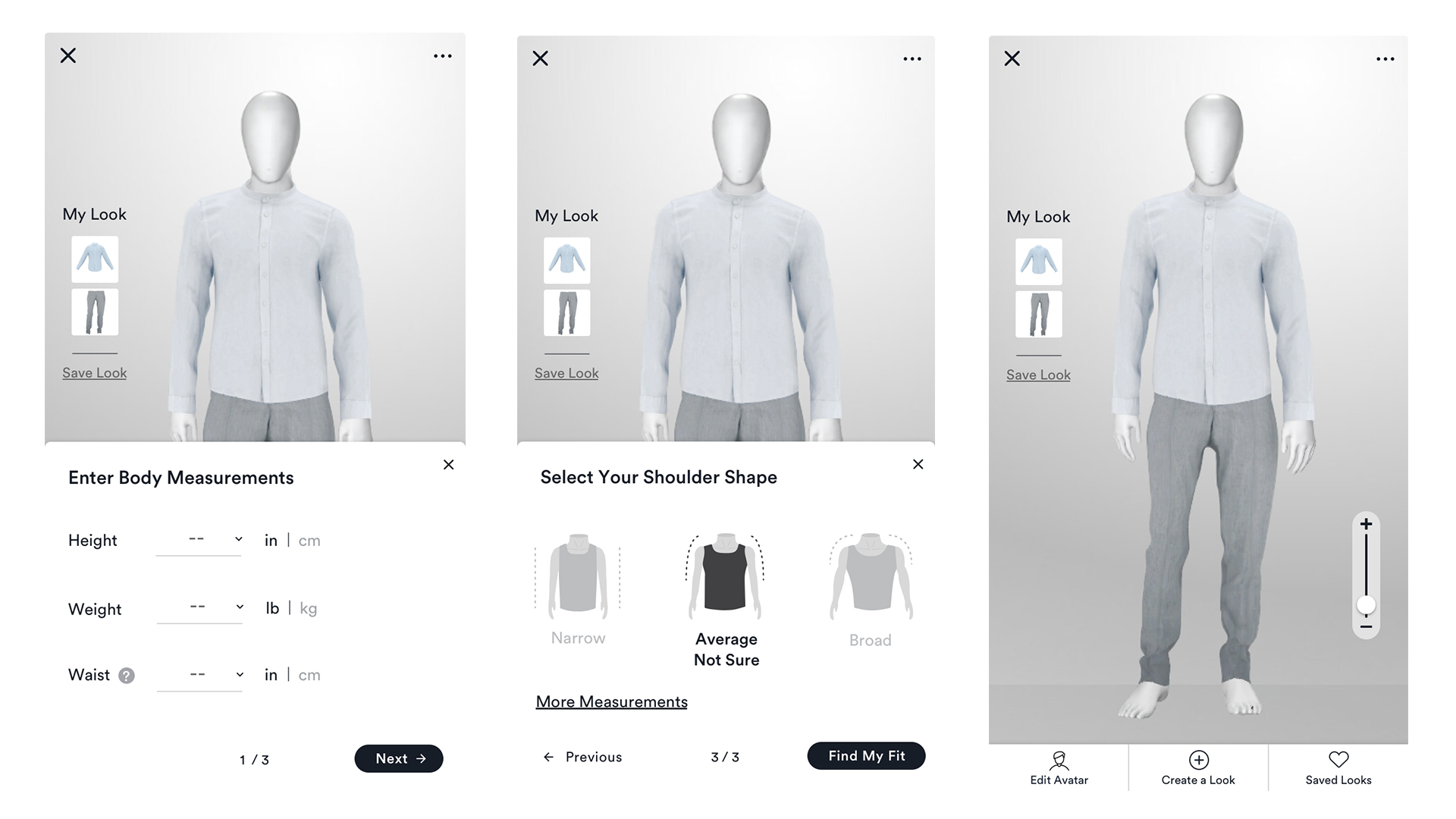 Men's virtual fitting room personalized measurement screens