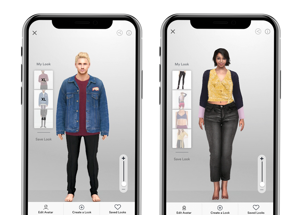 two-phones-virtual-fitting men's and women's virtual fitting room open on a mobile phone